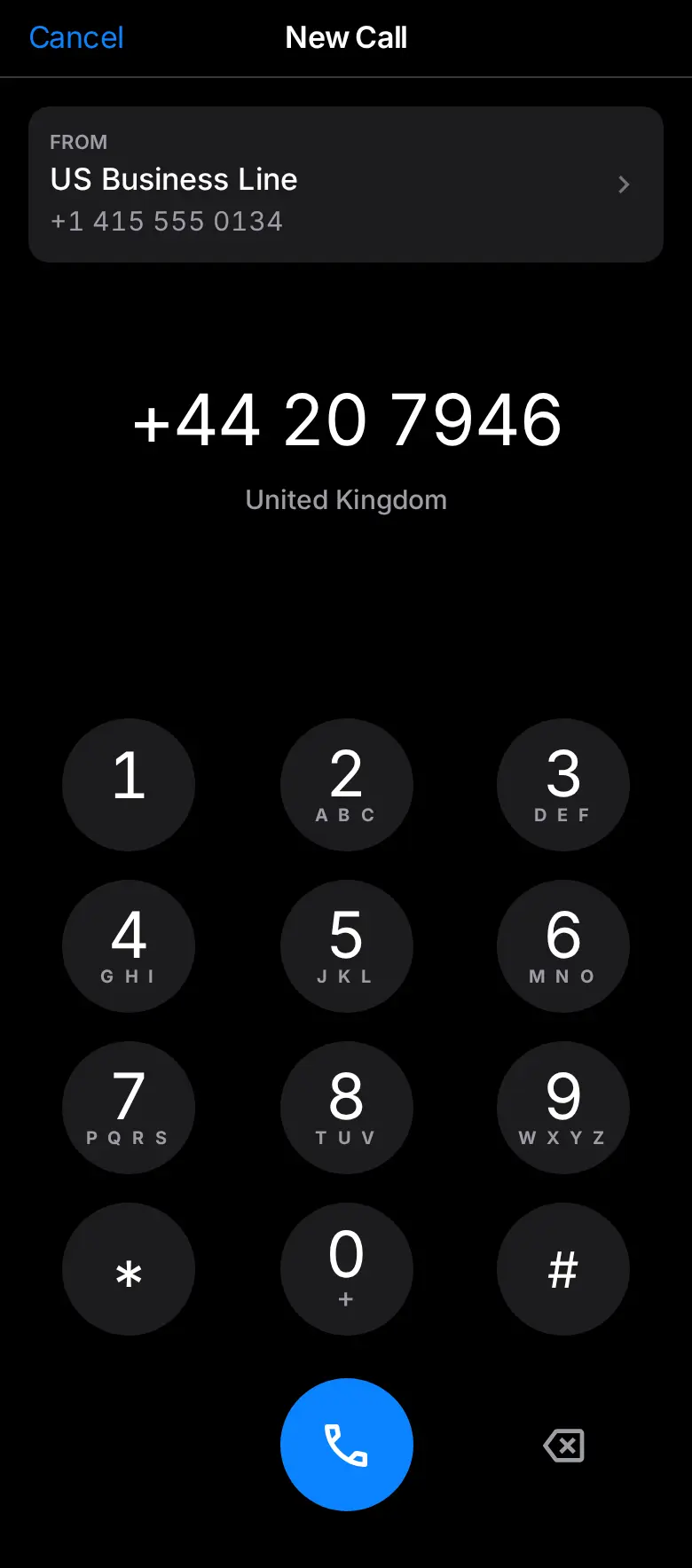 Arynto mobile app — placing a call, with the line you’re calling from shown at the top